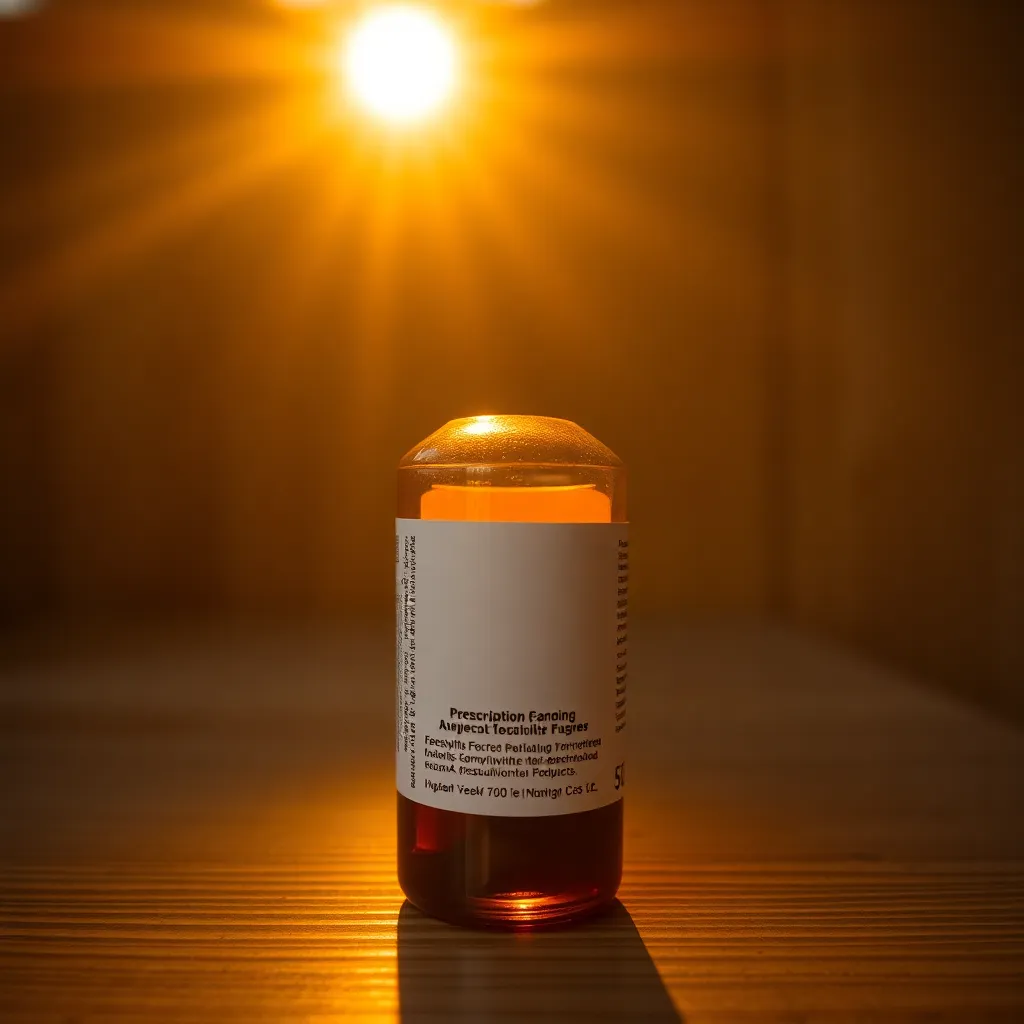 Prescription Bottle with Warm Golden Hour Light A close-up image of a prescription bottle lit by the warm light of golden hour. The focused label reveals important details, while the soft rim light creates an inviting glow. The warm tones capture the essence of healthcare, emphasizing the importance of prescribed medication. The textured wood background adds a natural element to the composition, drawing attention to the subject in a harmonious manner.