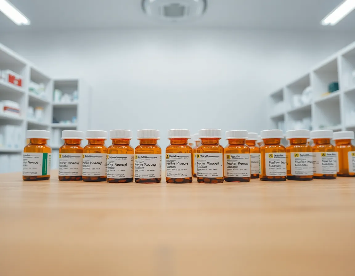 An array of neatly arranged prescription pill bottles is captured in a clinical pharmacy lab setting, showcasing the distinct labels and colors of each bottle. The bright, white lighting emphasizes the clean and professional atmosphere of the environment. The image maintains sharp focus on all elements, with a muted color palette of soft whites and pastels enhancing the clinical feel. The composition draws attention to the details, reflecting the meticulous nature of the pharmacy's operations.