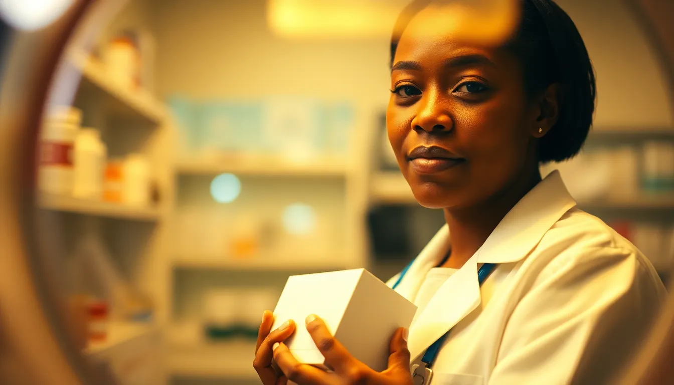Pharmacist Presenting Medicine Through Glass Window This striking image features a pharmacist presenting a box of medicine through a circular glass window, framed beautifully by the surrounding space. The meticulous studio lighting creates a soft, professional ambiance, while the warm tones of the Kodak Portra palette enhance the inviting mood. The shallow depth of field ensures the pharmacist remains the focal point, showcasing the texture of their attire and the clarity of the presented medicine. This composition conveys trust and expertise in a healthcare setting.