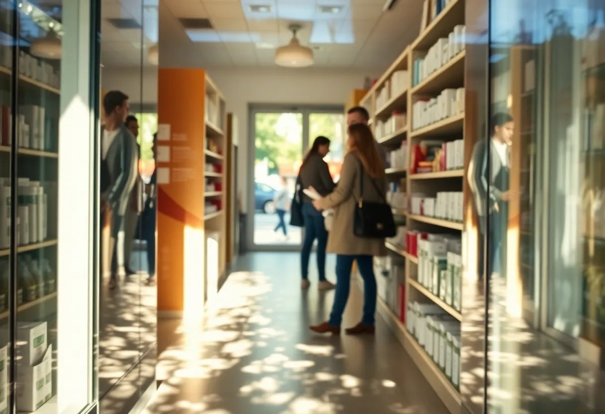 This dynamic scene depicts a customer browsing the aisles of a modern pharmacy, with dappled sunlight creating an engaging atmosphere. The clear detail of the bustling environment enhances the warm and inviting mood. Framed by shelves stocked with products, the moment captures the essence of retail experience in healthcare. The interplay of light and reflections adds depth and vibrancy to the setting.