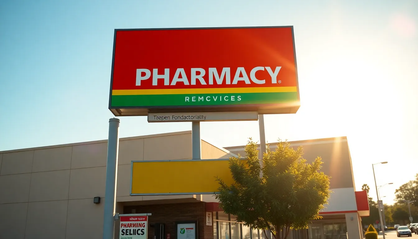 A bright and inviting outdoor pharmacy sign stands out under the warm glow of the golden hour sun. The vivid colors of the sign catch the eye, showcasing the logo and services offered. Natural sunlight enhances the sharp details of the sign while casting soft shadows in the foreground. The warm bokeh in the background creates a pleasant atmosphere, making the image lively and appealing. The centered composition emphasizes the pharmacy's branding, drawing immediate focus.
