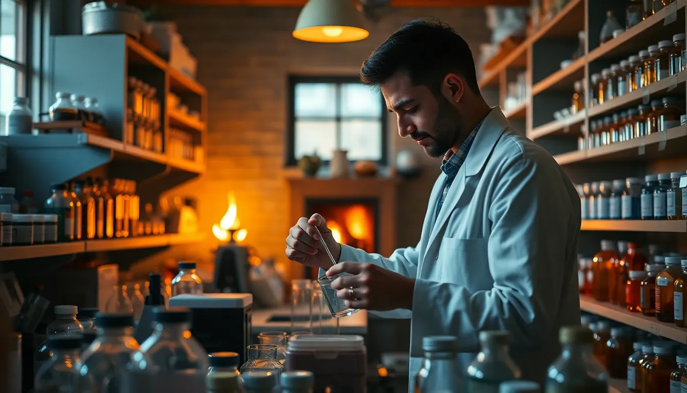 A focused pharmacist in action within a pharmacy lab, preparing a prescription with precision. The warm glow of practical firelight creates a cozy environment, highlighting the pharmacist’s diligent work. Soft bokeh captures the pharmacist’s concentration, while the muted color palette complements the serene atmosphere. Shelves filled with jars create texture and depth, enhancing the scene.