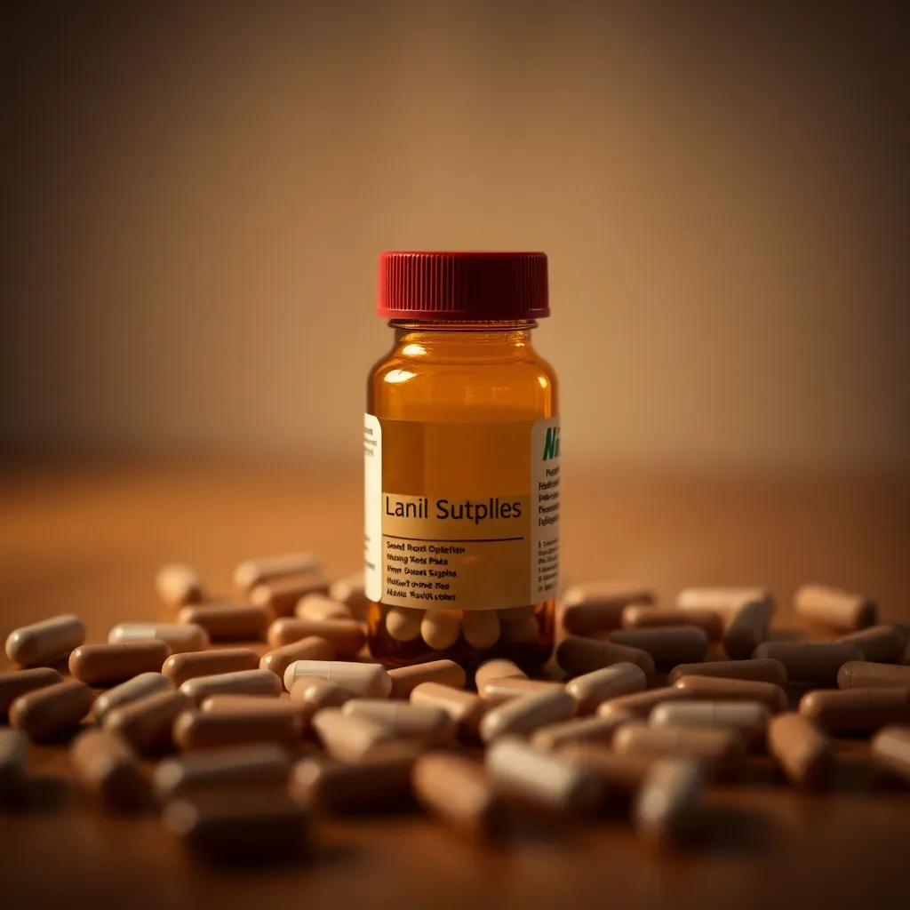 This close-up image highlights a prescription pill bottle against a blurred background, focused through beautiful Rembrandt lighting. The serene and muted color palette evokes a sense of calm, reinforcing the image's medical context. The thoughtful arrangement of scattered tablets complements the central focus, inviting the viewer to explore the details present in the scene. The smooth surface of the bottle contrasts with the textures of the pills.