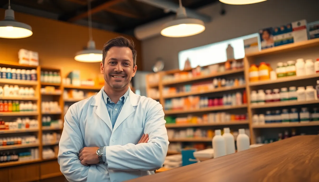 A warm and inviting scene depicting a friendly pharmacist smiling at a customer at a pharmacy counter. Natural light pours in through large windows, illuminating the colorful medication bottles lined on polished wooden shelves. The shallow depth of field emphasizes the pharmacist, while the background remains softly blurred, creating a comfortable atmosphere. The muted earthy tones contribute to a sense of trust and professionalism.