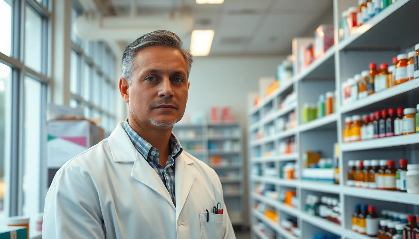 A focused pharmacist assists a patient at a well-organized pharmacy. The image captures the interaction under soft, natural daylight, creating a welcoming atmosphere. The shelves are filled with vibrant medication bottles, contrasting against the pharmacist's white lab coat. The composition follows the rule of thirds, emphasizing the dedicated expression of the pharmacist and the orderly environment around them.