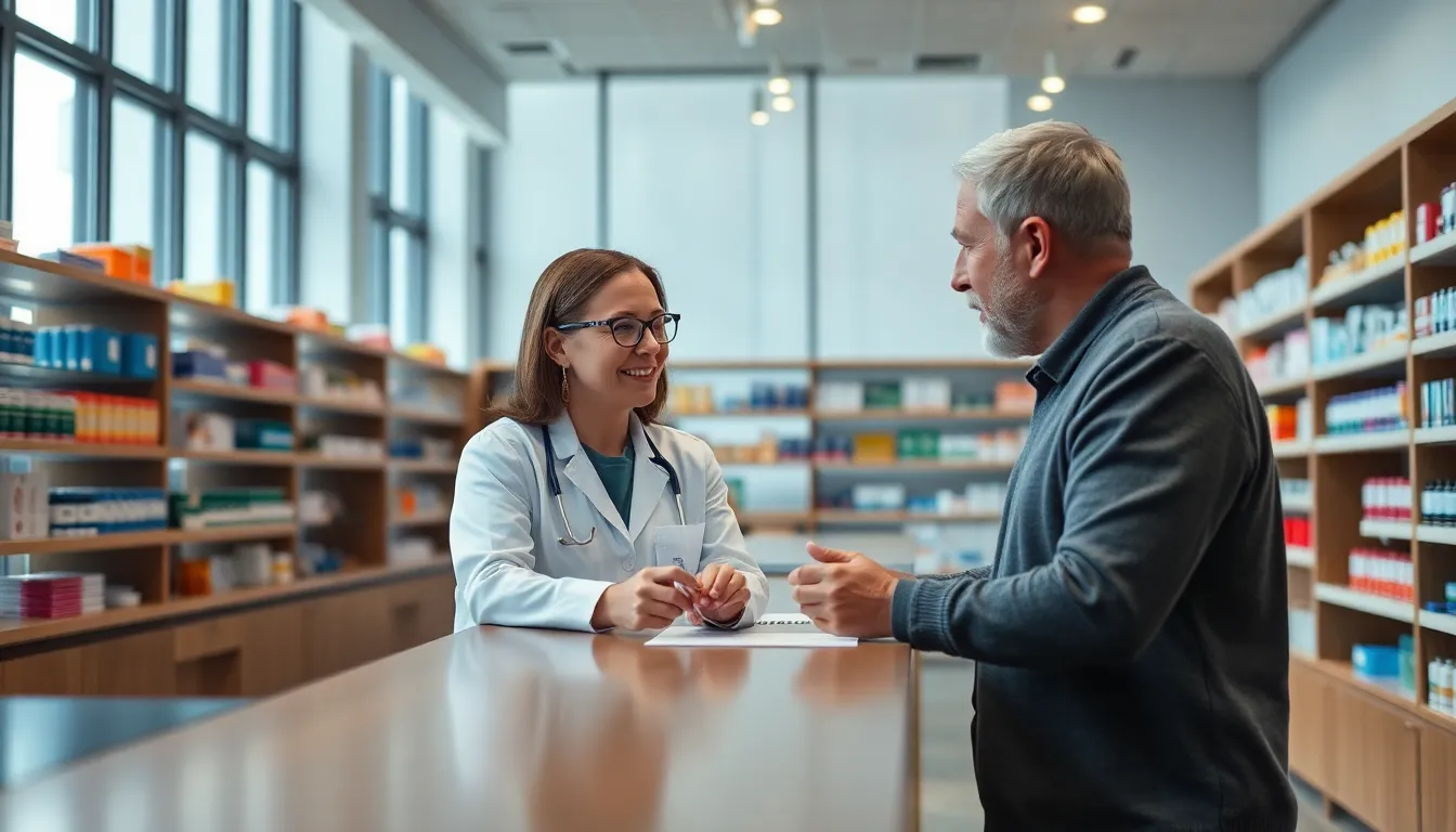 Pharmacist Consulting with Patient in Pharmacy