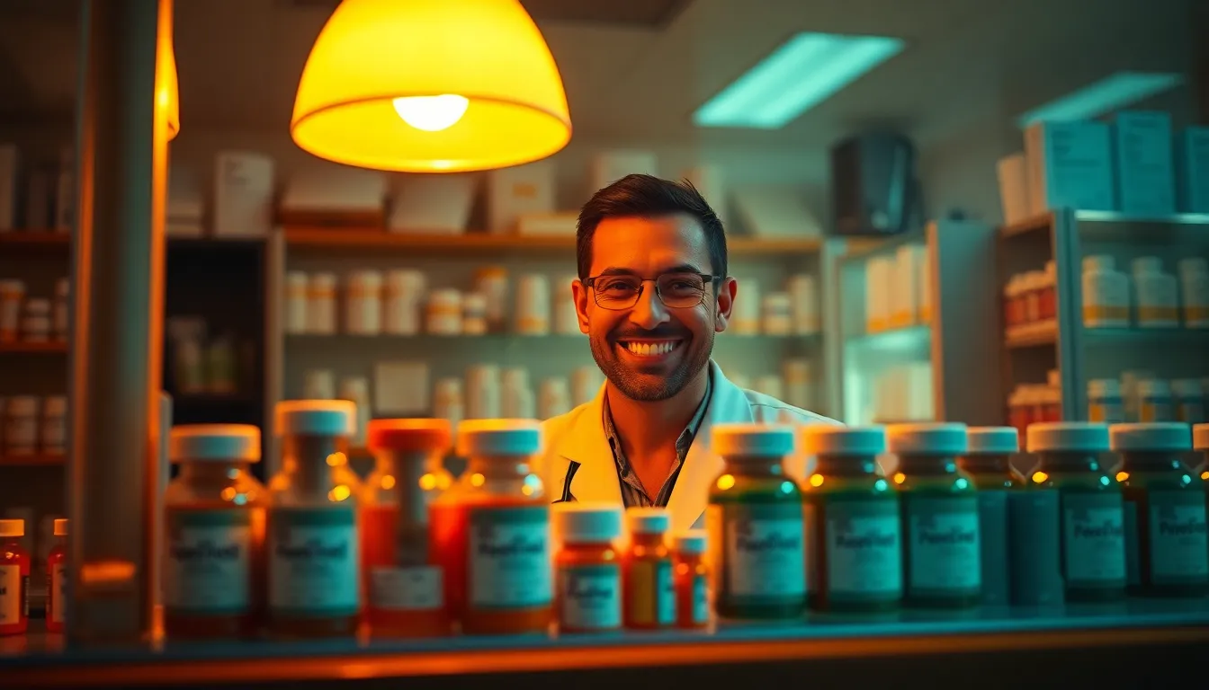 A welcoming scene in a pharmacy featuring a smiling pharmacist behind a glass counter filled with colorful prescription bottles. Warm tungsten lighting creates a cozy atmosphere, while the pharmacist engages with a customer. The shallow depth of field draws attention to their interaction, and the film-like color grading adds warmth to the image. The polished wooden counter reflects the soft glow, enhancing the inviting mood.