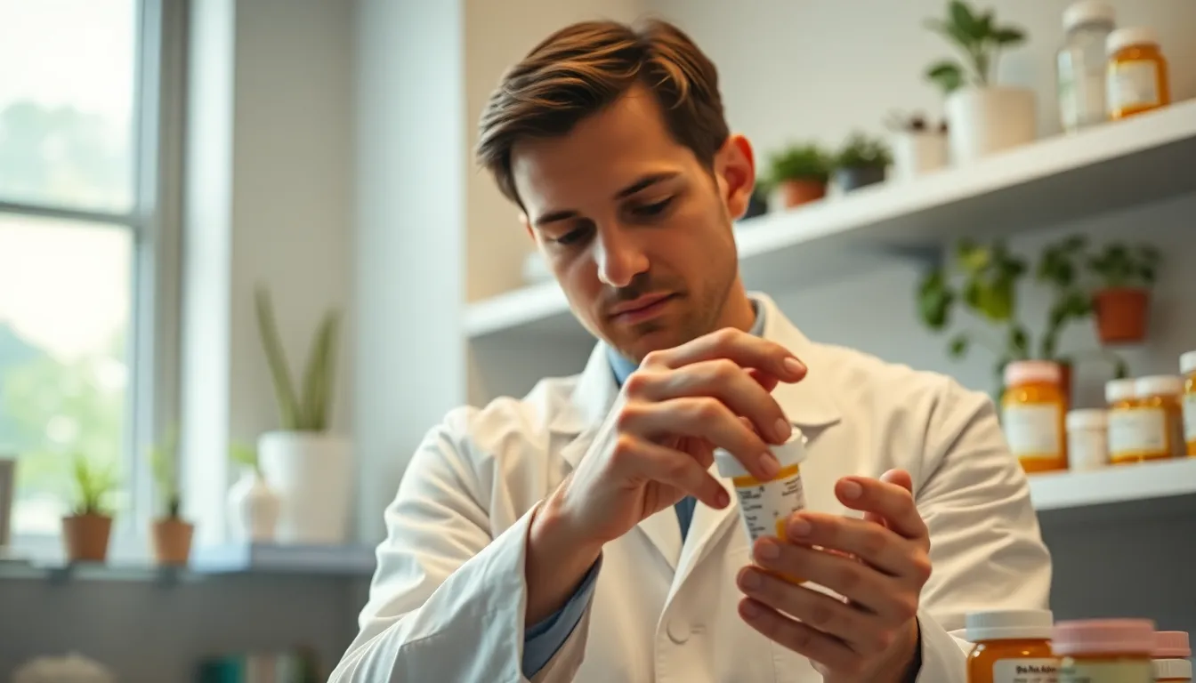 The image captures a pharmacist in action, expertly compounding medication within a bright, well-organized pharmacy. Soft daylight filters in, illuminating the pharmacist’s hands as they work with precision, surrounded by shelves stocked with colorful prescription bottles. The composition evokes a sense of professionalism and care, highlighting the importance of pharmacy in healthcare. The earthy greens of plants add a touch of warmth to the scene, emphasizing a nurturing environment.