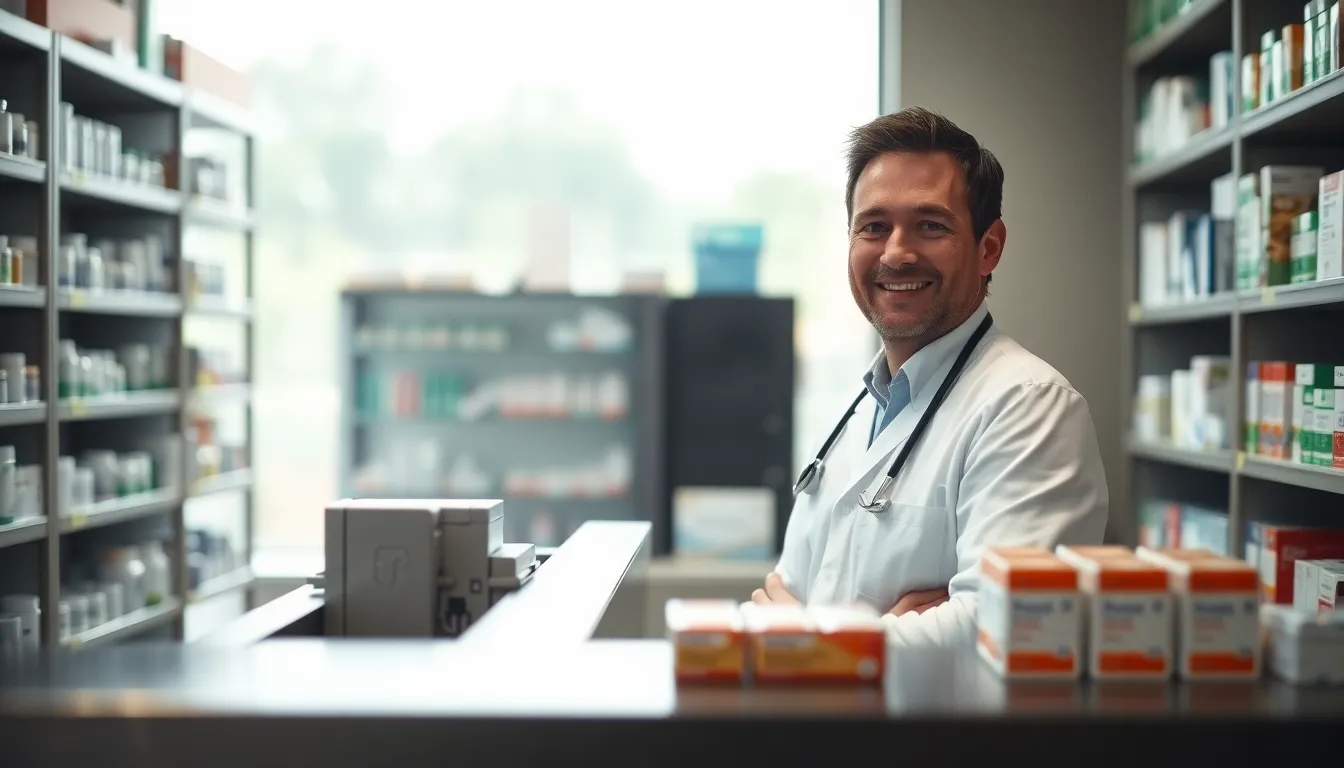Friendly Pharmacist Assisting Customers at Pharmacy This image captures a friendly pharmacist attentively assisting customers in a bright pharmacy setting. Natural light pours in, reflecting off the sleek stainless steel counter, enhancing the inviting atmosphere. The pharmacist's warm expression contrasts with the soft bokeh of medication shelves in the background, creating a feeling of trust and professionalism. The overall muted earth tones convey a sense of calm and wellbeing.