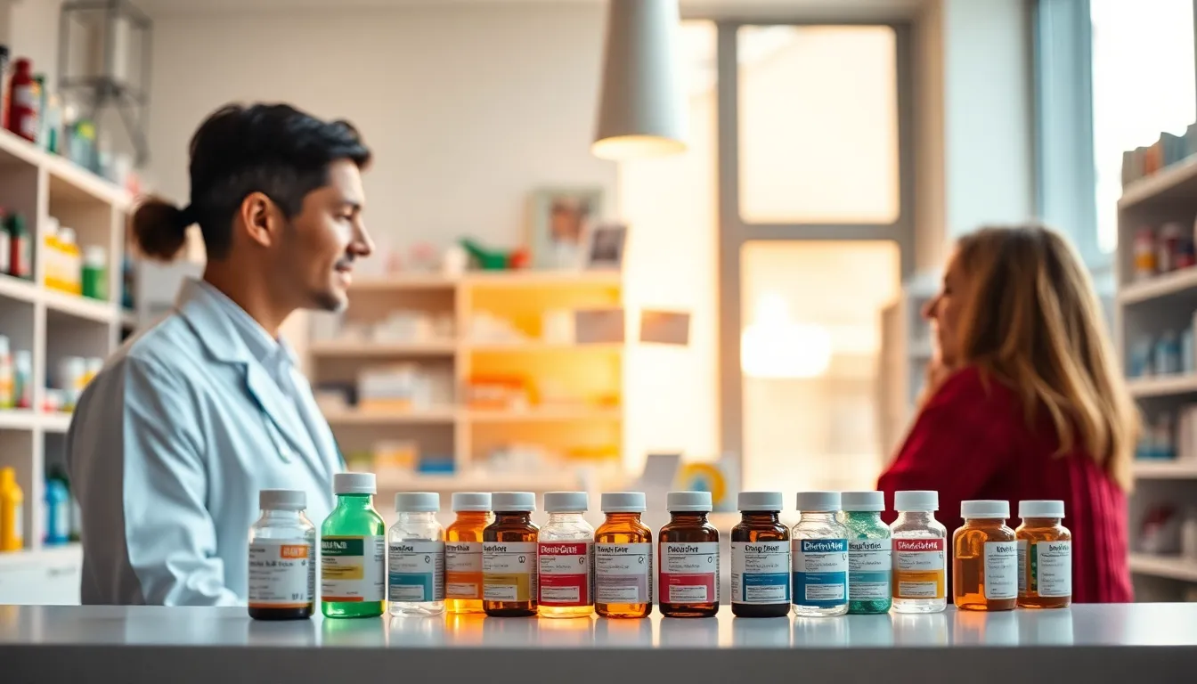 A friendly pharmacist assists a patient in a brightly lit pharmacy. The image captures vibrant medicine bottles and clean counters bathed in warm daylight. The pharmacist, dressed in a crisp white coat, engages with the patient, showcasing a welcoming atmosphere. Soft pastels dominate the scene, making it inviting and professional, with a focus on clarity and detail in the product arrangement.