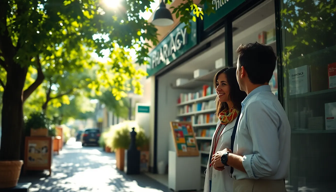 Friendly Pharmacist Assisting Customers at Pharmacy Entrance A warm and inviting scene at the pharmacy entrance where a friendly pharmacist engages with a customer, both smiling and enjoying the conversation. Dappled sunlight creates a beautiful bokeh effect in the background, highlighting the natural beauty of the moment. The vibrant colors enhance the scene's warmth, while the cobblestone walkway adds texture to the environment. The image portrays the human touch in healthcare, making it a welcoming space for clients.