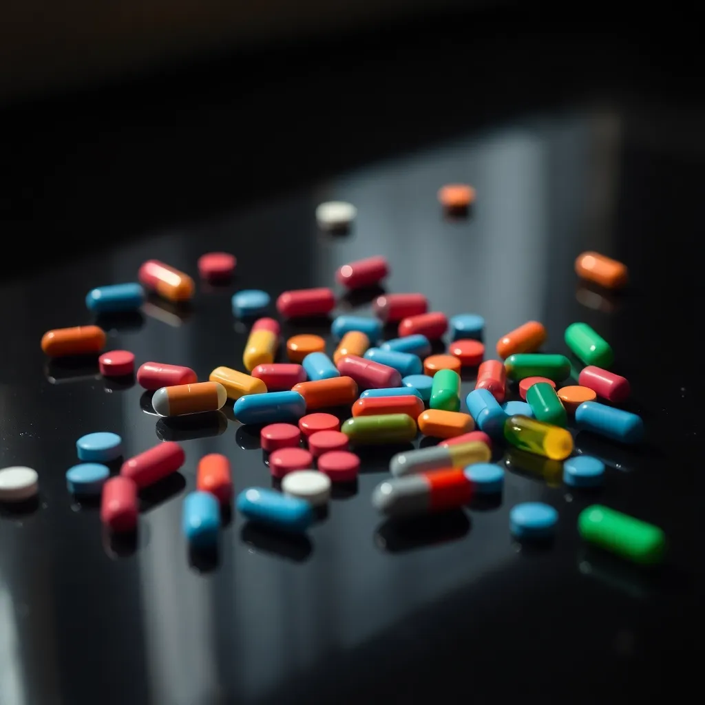 This close-up image captures a vibrant assortment of pills and capsules artfully scattered on a shiny black surface. Natural light accentuates their textures and colors, presenting a rich visual experience. The reflective background provides depth, enhancing the vividness of reds, blues, and greens in the composition. It's a striking portrayal of the pharmaceutical world, emphasizing both beauty and accessibility.