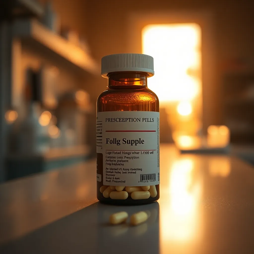 A close-up shot of a prescription pill bottle captured during golden hour, showcasing warm rim lighting that highlights its shape and details. The selective focus creates an intimate image, drawing attention to the intricacies of the bottle against a soft, painterly bokeh background. The warm color palette enhances the comforting feeling associated with healthcare. This image represents the personal touch of pharmacy through its beautiful, detailed portrayal of medication.