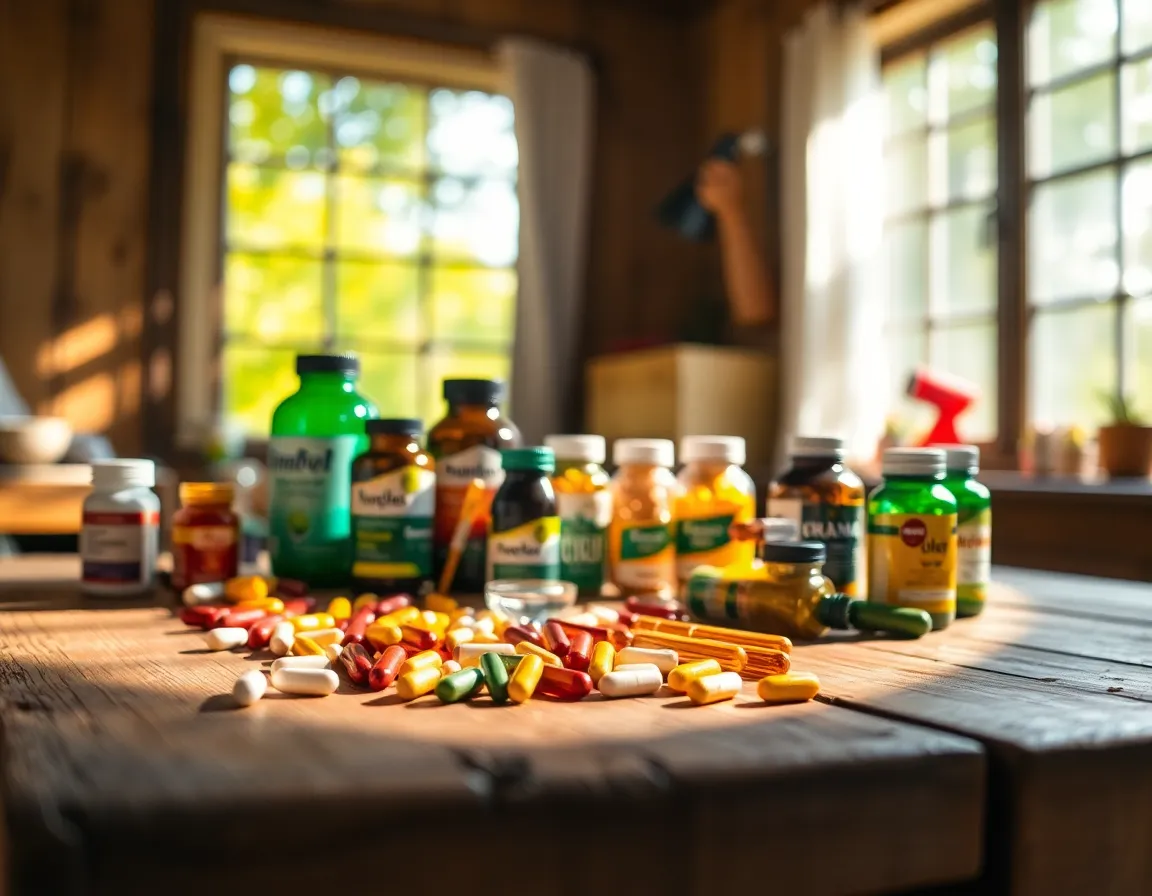 Vibrant Vitamins and Supplements Display in Pharmacy This macro shot presents a vibrant array of vitamins and supplements artfully arranged on a rustic wooden table. Dappled sunlight enhances the colors, creating soft highlights and warm shadows that add depth to the image. The dreamy background further emphasizes the vibrant hues of the bottles, establishing a lively yet soothing atmosphere. This image encapsulates the essence of health and wellbeing, inviting viewers into a world of vitality.