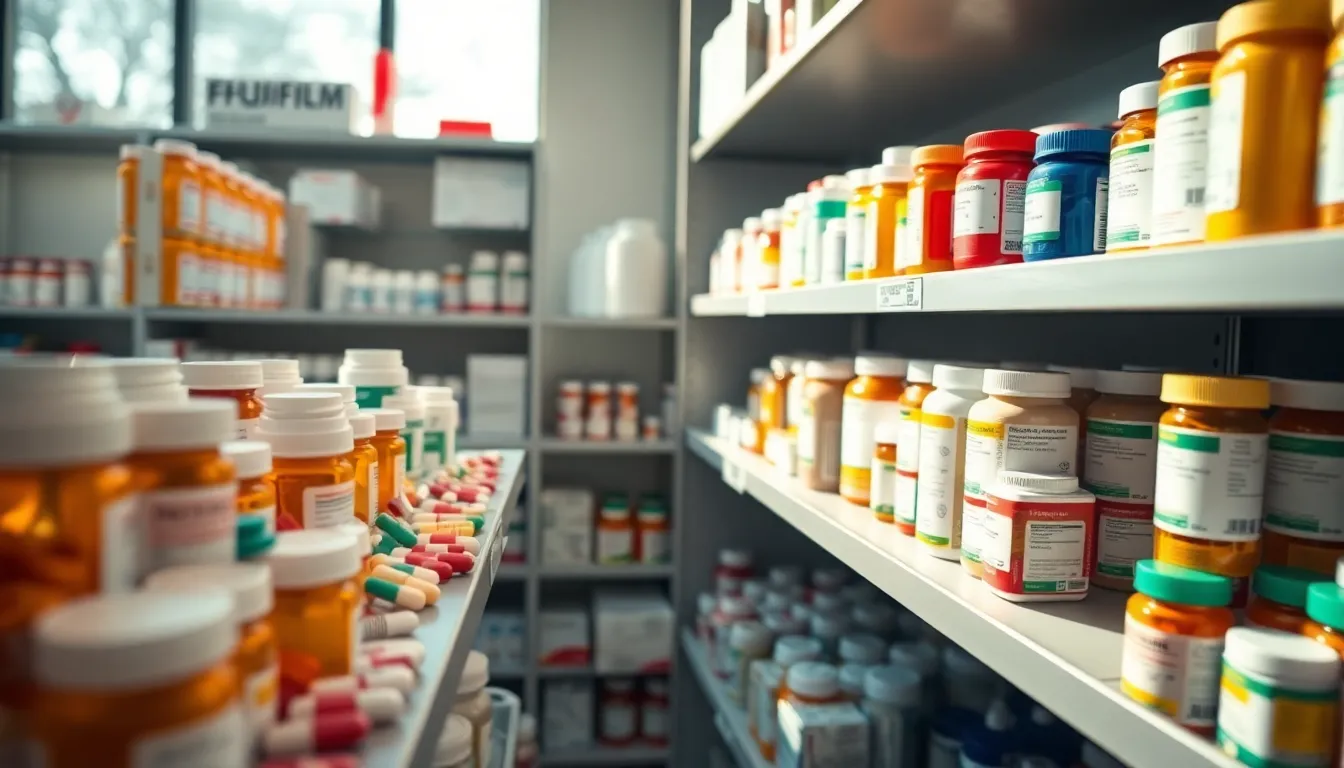 This vibrant image captures a collection of colorful prescription medications on a pharmacy shelf, highlighting the diversity of available treatments. Natural daylight beautifully enhances the rich colors and textures of the pill bottles, creating an appealing and professional look. The sharp focus throughout emphasizes the organization and accessibility of medications, illustrating the pharmacy’s role in healthcare. The leading lines of the shelves effectively guide the viewer's attention, inviting them to explore the various options available.