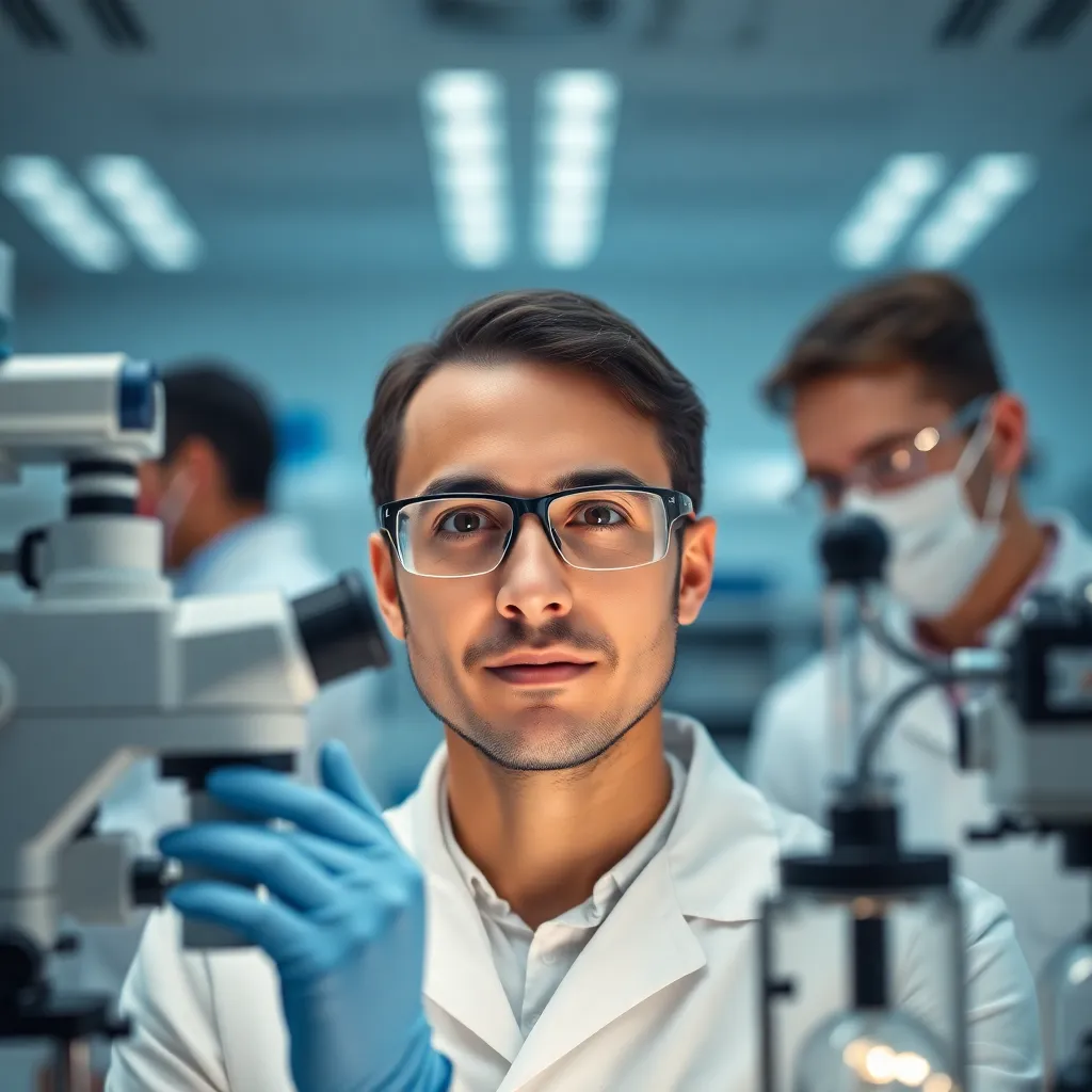 Pharmaceutical Research in Modern Laboratory This close-up image showcases pharmaceutical research in a sleek, modern laboratory. Bright, even lighting enhances the clarity of the scene, emphasizing the intricate details of high-tech instruments and equipment. With a shallow depth of field, the focus remains sharp on the scientists' intense expressions, while the background blurs into a creamy bokeh, highlighting their meticulous work. The cool blue and white color palette conveys a sense of innovation, precision, and forward-thinking in healthcare.