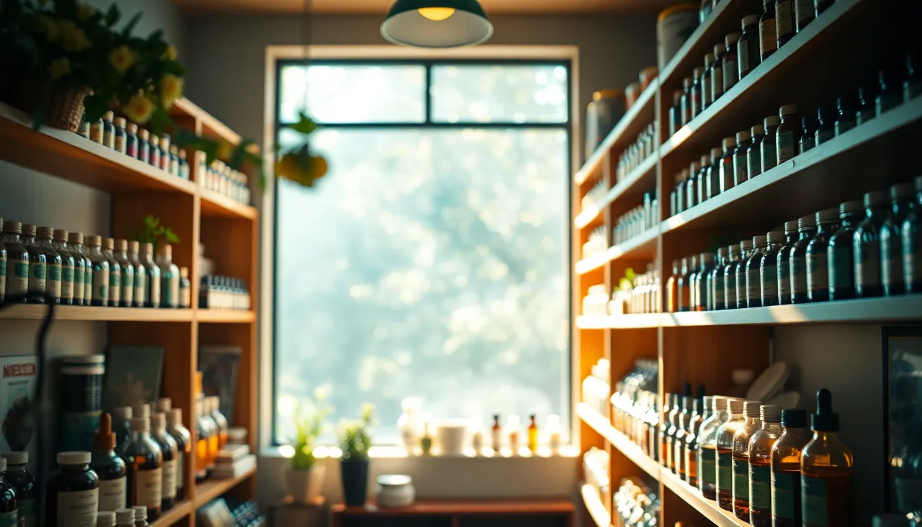 This image captures an aesthetically pleasing array of medicinal herbs and essential oils displayed on shelves inside a pharmacy, illuminated by dappled sunlight filtering through a window. The vibrant teal and orange color grading gives the image a cinematic feel, while the hyperfocal focus ensures clarity throughout the scene. The foreground framing draws the viewer’s eye into the world of natural remedies, emphasizing the pharmacy's holistic approach to health.