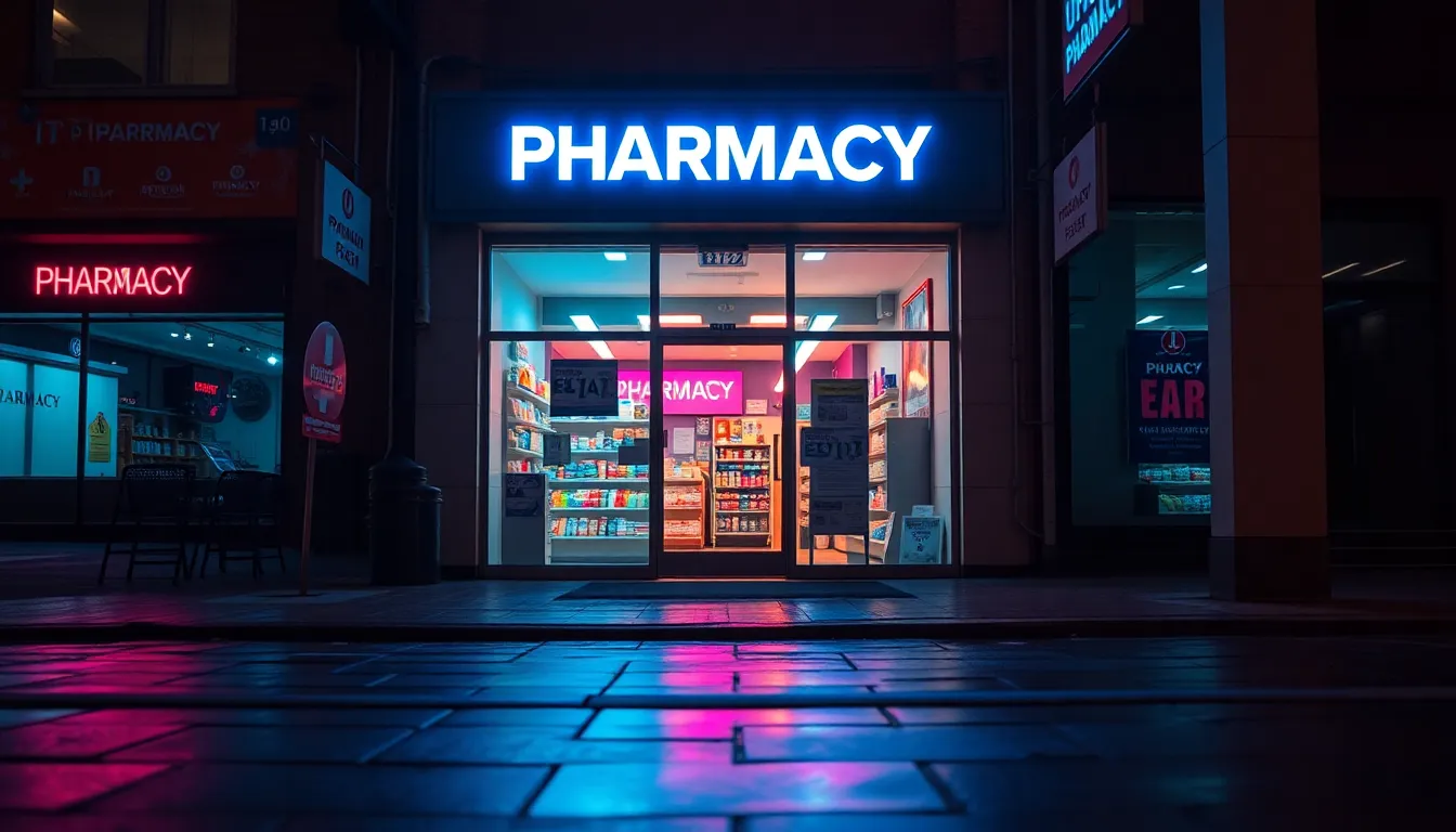 A captivating nighttime image of an urban pharmacy illuminated by vibrant neon signage reflecting off the wet pavement. The shallow depth of field highlights the pharmacy's entrance, creating a focal point amidst the striking colors. The cinematic teal and orange grading enhances the scene, balancing the cool neon hues with warm light from within. Centered composition and leading lines from the sidewalk invite viewers to explore this lively urban setting.