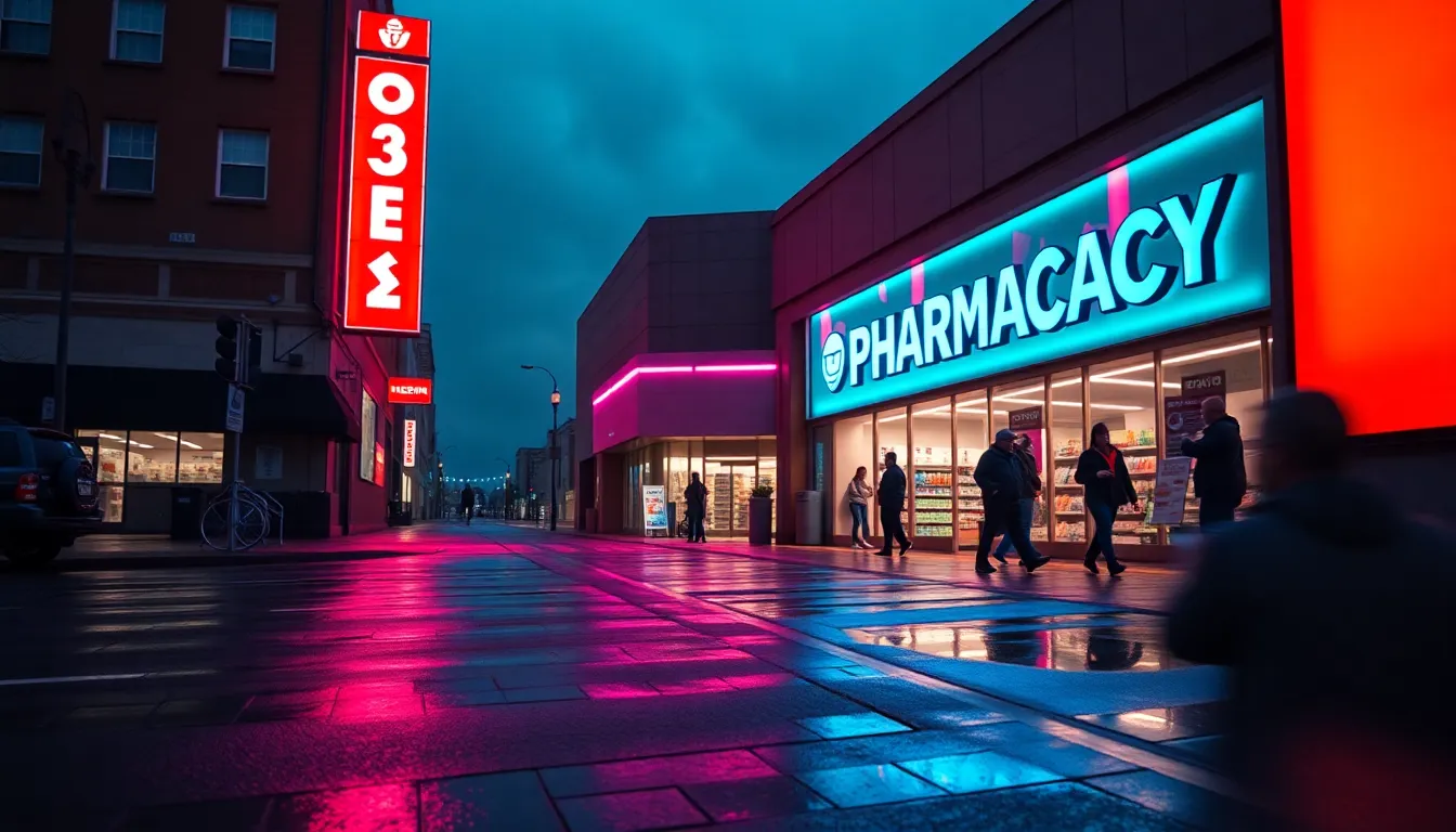 Pharmacy Entrance at Dusk with Neon Lights The entrance of a pharmacy glows with neon lights in hues of blue and magenta at dusk. The wet pavement reflects the vibrant colors, enhancing the cinematic feel of the scene. Customers approach the entrance, drawn in by the inviting atmosphere. The leading lines of the architecture guide the viewer’s eye, creating a dynamic composition that merges urban life with healthcare.