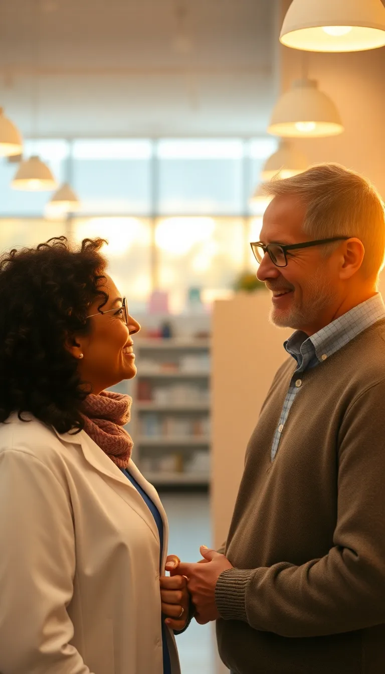 In a sun-soaked pharmacy, a pharmacist engages warmly with a customer, creating an atmosphere of trust and care. The golden hour backlighting enhances the warmth of the scene, while the pharmacist's attentive demeanor reflects professionalism. Soft textures enrich the environment, with vibrant colors complemented by natural skin tones. This image beautifully captures the essence of community health care in a friendly pharmacy setting.