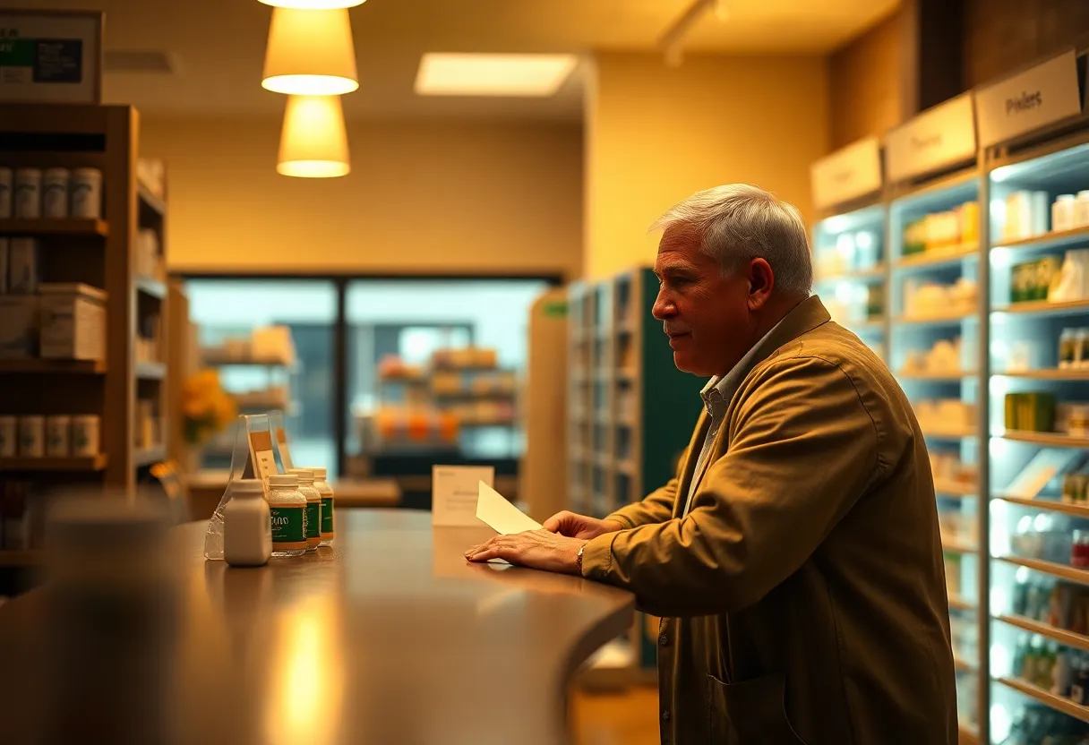 An elderly customer is engaged in a thoughtful conversation with a friendly pharmacist at a pharmacy counter, illuminated by warm tungsten lights. The dimly lit atmosphere evokes a sense of comfort and attentiveness, highlighted by the pharmacist's focused expression. The warm golden tones and soft shadows create an inviting mood. The composition features centered subjects with leading lines emphasizing their interaction, portraying a blend of care and professionalism.