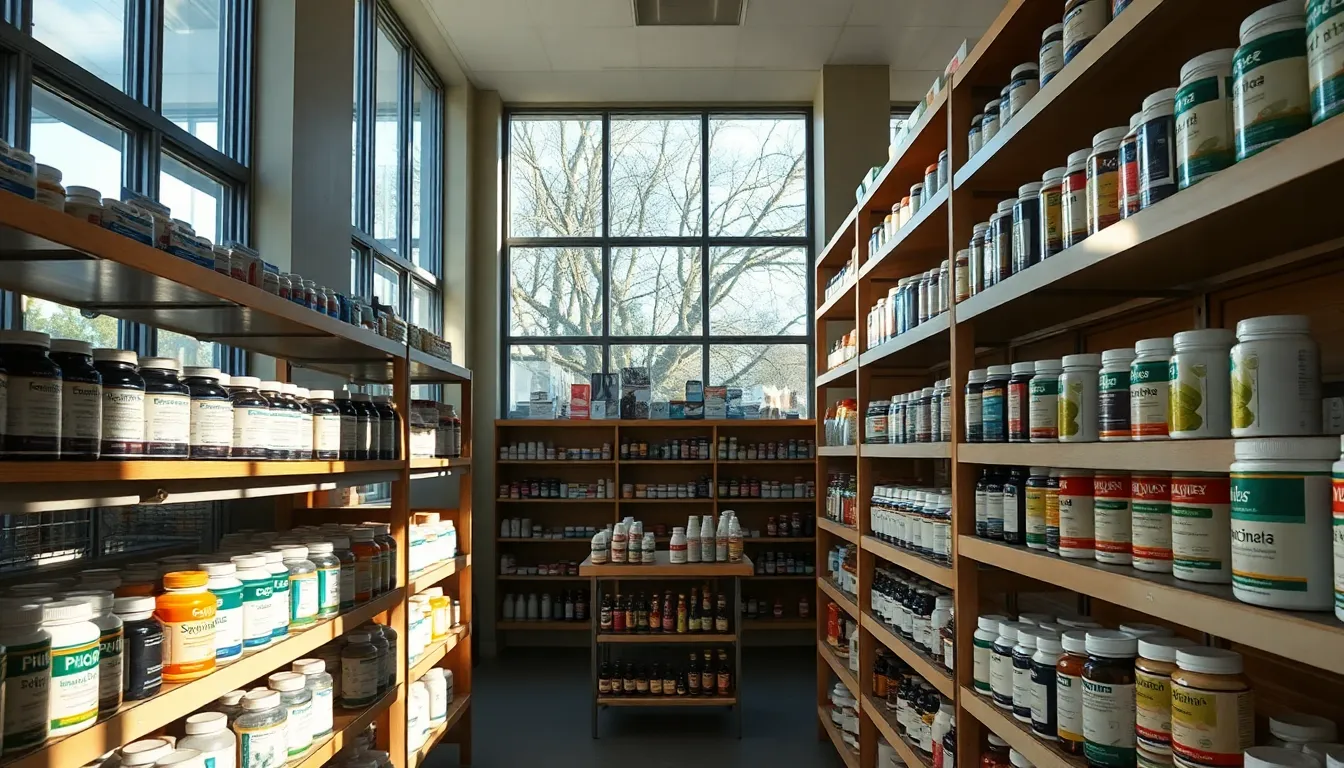 This image showcases a vibrant display of health supplements in a modern pharmacy, illuminated by natural sunlight. The interplay of light creates an inviting ambiance, highlighting the rich colors of the product packaging. Leading lines of the shelves guide the viewer’s eye, enhancing the sense of depth and order in the scene. The combination of textures adds to the authenticity of the environment.