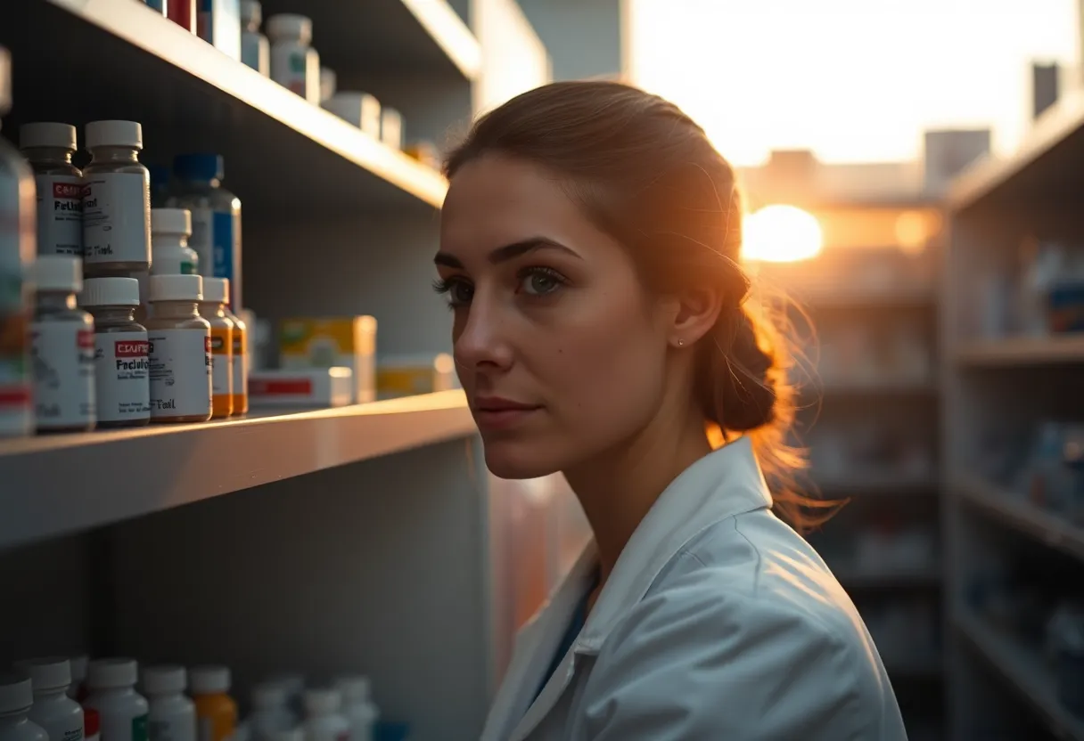 This captivating image features a pharmacist diligently organizing medicine on shelves during golden hour, with warm sunlight illuminating the scene. The focus highlights the pharmacist’s natural expression and skin texture, while the vibrant hues enhance the inviting atmosphere of the pharmacy. The composition uses the rule of thirds to create balance, emphasizing the pharmacist's role in healthcare.