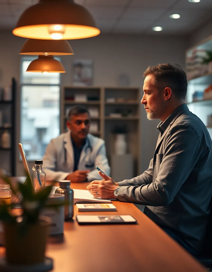 This heartwarming image portrays a patient sitting across from a pharmacist, engaged in a consultation about their medication options. The warm glow from the desk lamp creates an inviting space, fostering trust and openness. By capturing the interaction in focus while softly blurring the background, the scene highlights the importance of personal connection in healthcare. The overall atmosphere is supportive and informative, aiming to reassure patients during their pharmacy visits.