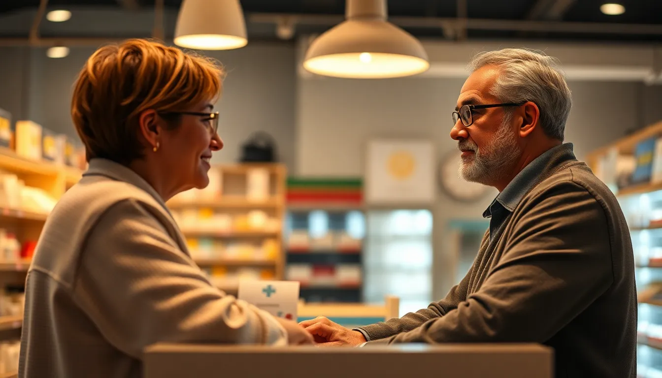 In a cozy pharmacy setting, a patient engages in consultation with a pharmacist, both exhibiting focused expressions. The scene is bathed in warm overhead lighting, fostering an inviting atmosphere. The shallow depth of field creates a soft bokeh effect around the subjects, emphasizing their interaction. The warm skin tones and carefully composed framing enhance the sense of connection between the pharmacist and patient.