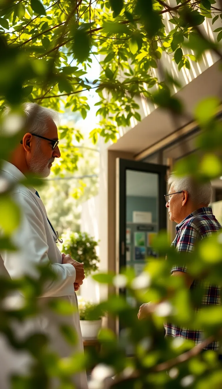 Pharmacist Engaging with Elderly Customer Outdoors