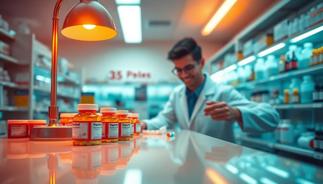 A friendly pharmacist sorts through various medication bottles in a cozy pharmacy setting illuminated by warm tungsten light. The shallow depth of field pulls focus to the pharmacist’s engaging expression while softly blurring the colorful medicine displays behind. The cinematic color grading adds a stylish contrast, while leading lines from the counter create a dynamic flow toward the subject, enhancing the inviting atmosphere of the space.