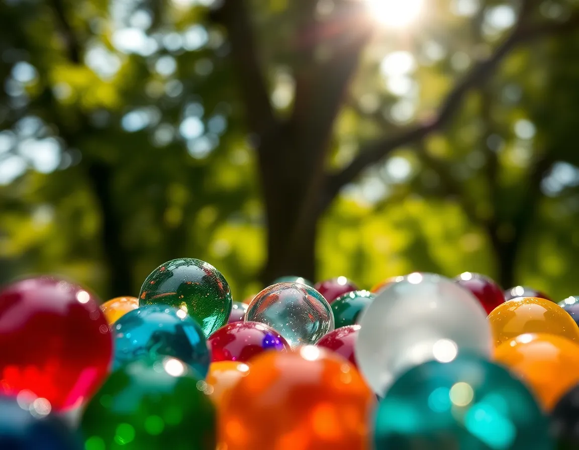 This vibrant image captures a cascade of colorful glass marbles nestled among greenery, illuminated by dappled sunlight. The interplay of light and moisture creates a magical atmosphere, with dust particles glimmering like tiny stars in the air. The arrangement leads the viewer's eye through the frame, showcasing the physics of reflection and refraction in the clear glass surfaces. The natural muted colors of the surroundings highlight the marbles' vivid palette, making this a captivating scene of nature and science.