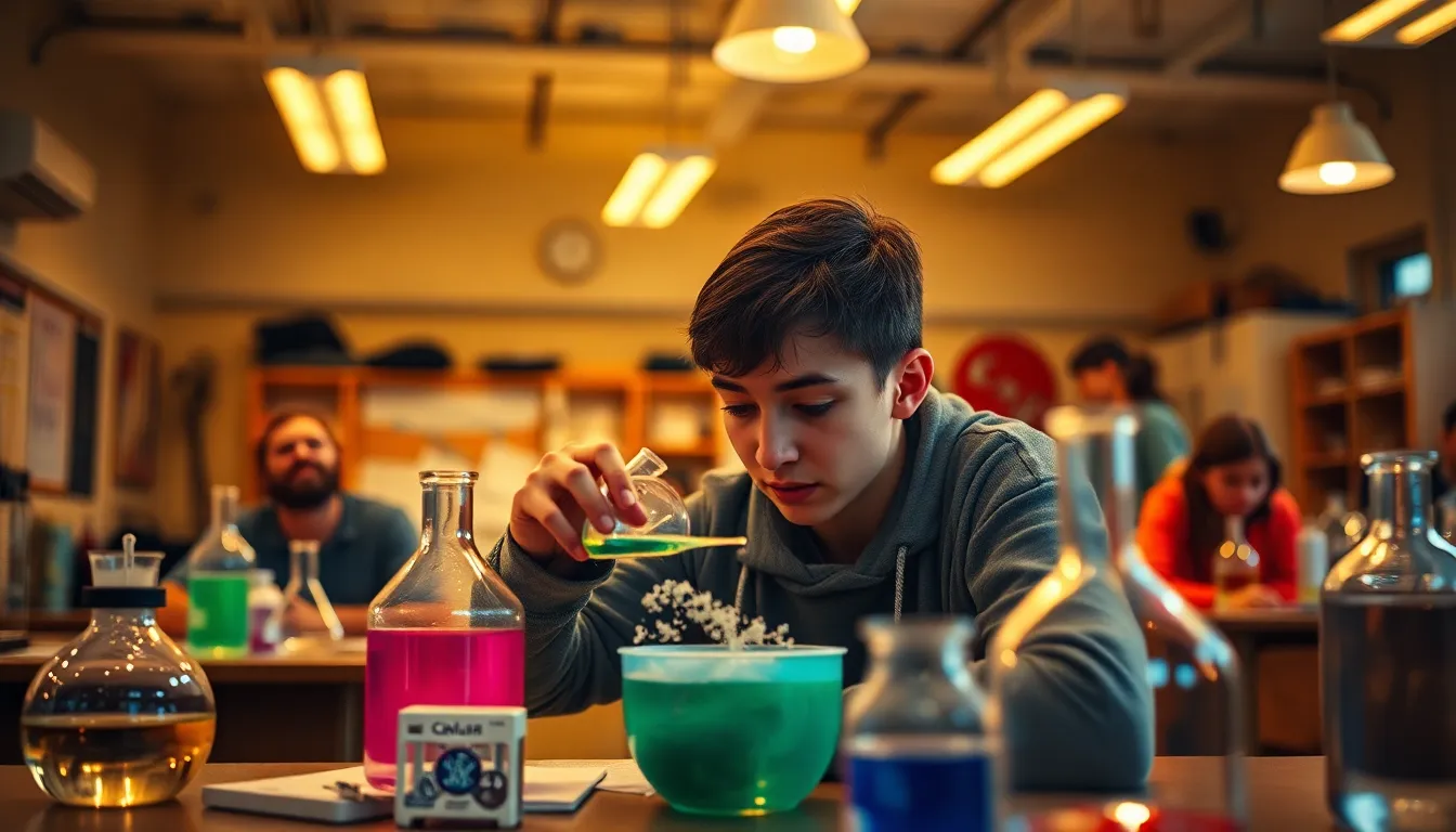 This image shows an energetic physics classroom where students are actively engaged in a hands-on experiment. The warm tungsten lighting creates an inviting atmosphere, highlighting the focused expressions on the students' faces. The vibrant colors of the liquids in the beakers contrast beautifully with the earthy tones of the classroom. The composition draws the viewer's eye through the use of the rule of thirds, emphasizing the collaborative spirit of learning.