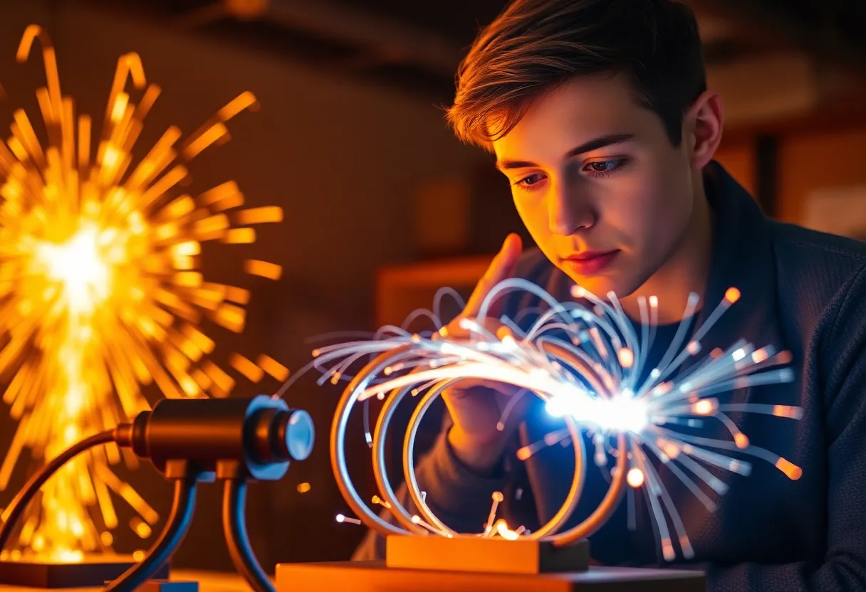 This image showcases a young student deeply engaged in conducting an experiment with a Tesla coil during golden hour. The warm rim lighting highlights their enthusiasm and the dynamic energy of the moment, with swirling electrical arcs casting a magical glow. The image conveys a sense of wonder and curiosity in the realm of physics, capturing the intricate details of the coil and the student's focused expression. It's a vivid representation of hands-on learning in science education.