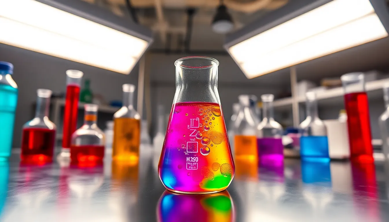 Colorful Chemical Reaction in Laboratory Setting This image features a glass beaker filled with vibrant liquids, set against a sleek stainless steel laboratory bench. The overhead fluorescent lights create a dramatic contrast, enhancing the colorful chemical reaction visible inside the beaker. The composition employs leading lines from surrounding lab equipment, guiding the viewer’s attention to this focal point. The resulting scene captures the excitement and vibrancy of scientific exploration in a modern lab environment.