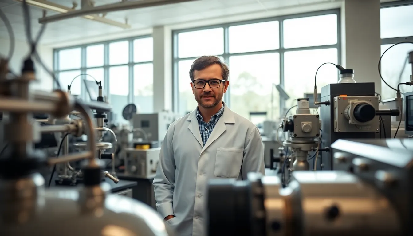 A physicist is immersed in a captivating experiment within a modern laboratory filled with glass apparatus and prisms. The image captures the intensity of scientific exploration, highlighting the physicist's focused expression and the intricate details of lab equipment. Cool blue tones project a sense of intelligence and precision, while shadows add depth. The three-dimensional arrangement of tools against the soft blurred background creates a dynamic visual experience.