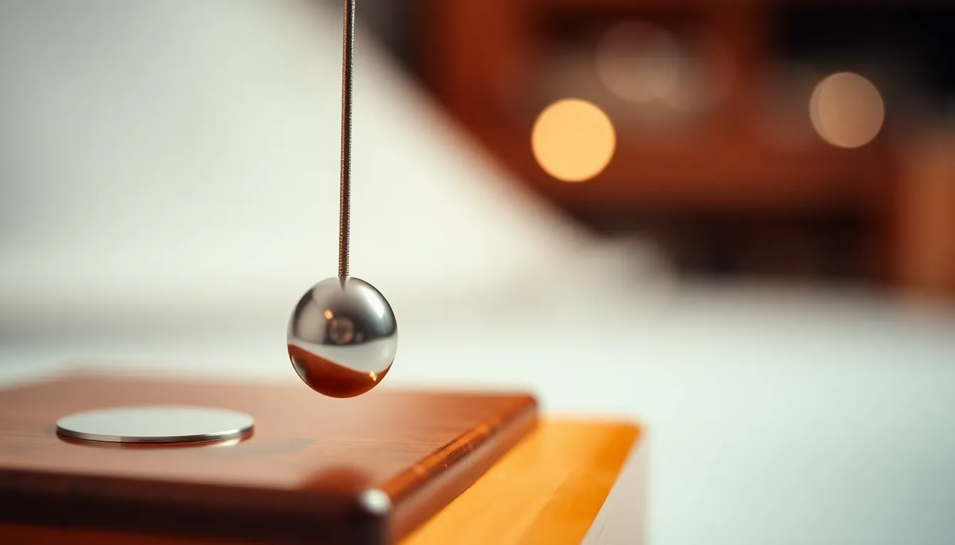 A close-up view of a pendulum in motion illustrates the principles of physics beautifully. The studio lighting highlights the pendulum’s metallic surface against a warm wooden base, enhancing the tactile qualities of the materials. With a shallow depth of field, the focus remains on the pendulum, creating a sense of dynamic movement within the frame. This image captures the elegance of scientific experimentation, perfect for educational purposes.