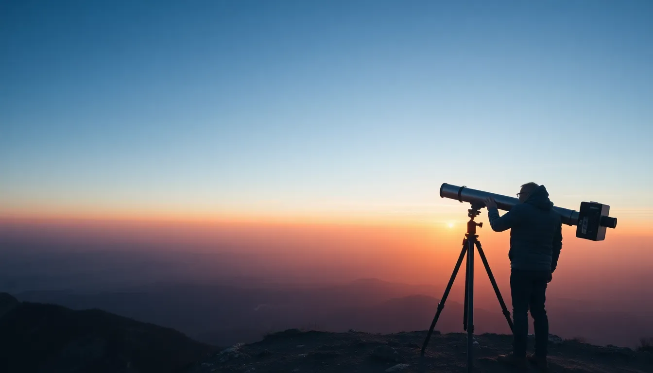 A stunning image of a physicist observing the horizon through a telescope at sunrise from a mountain peak. Soft pinks and blues of dawn illuminate the vast landscape, creating a serene and contemplative mood. The sharp detail of the foreground and background emphasizes the beauty of nature and the pursuit of knowledge. This photograph represents the intersection of physics and the natural world, inviting viewers to explore the cosmos.