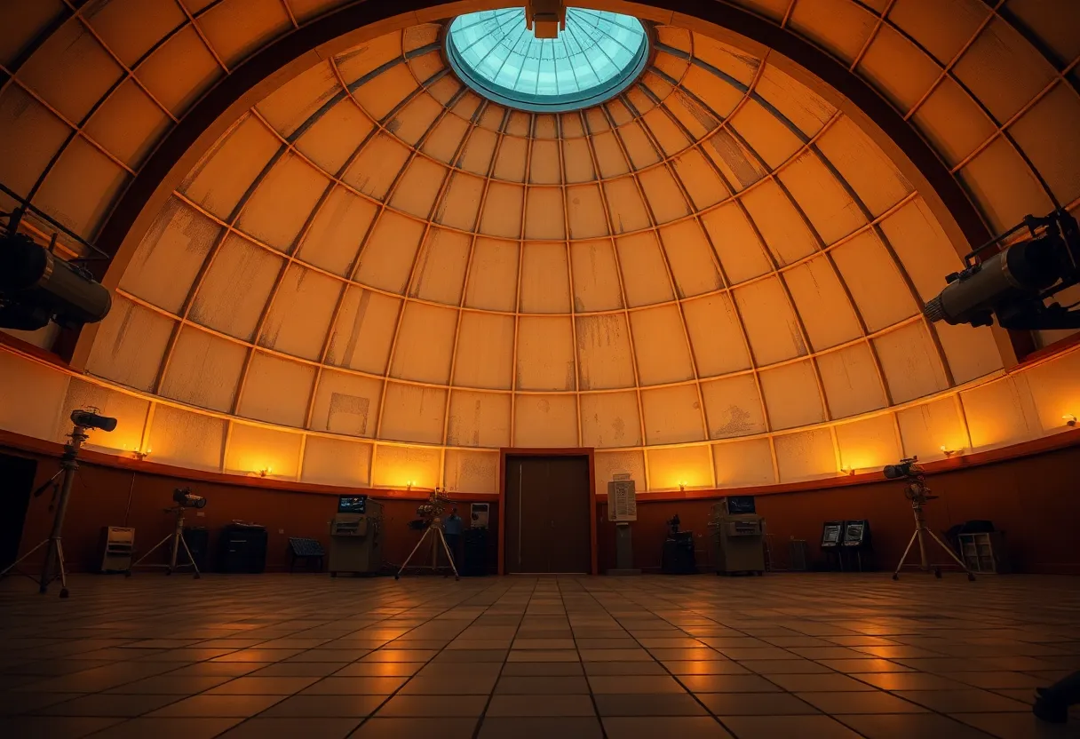 This image showcases a striking hemispherical dome located within a physics observatory, captured under warm tungsten lighting. A Leica Q3 was used to achieve a shallow depth of field, emphasizing the dome's intricate details. The inviting atmosphere is accentuated by warm tones, while the geometric lines of the floor draw the viewer's gaze upward. The textures highlight the engineering marvel of the dome, making it a captivating representation of the intersection of art and science.