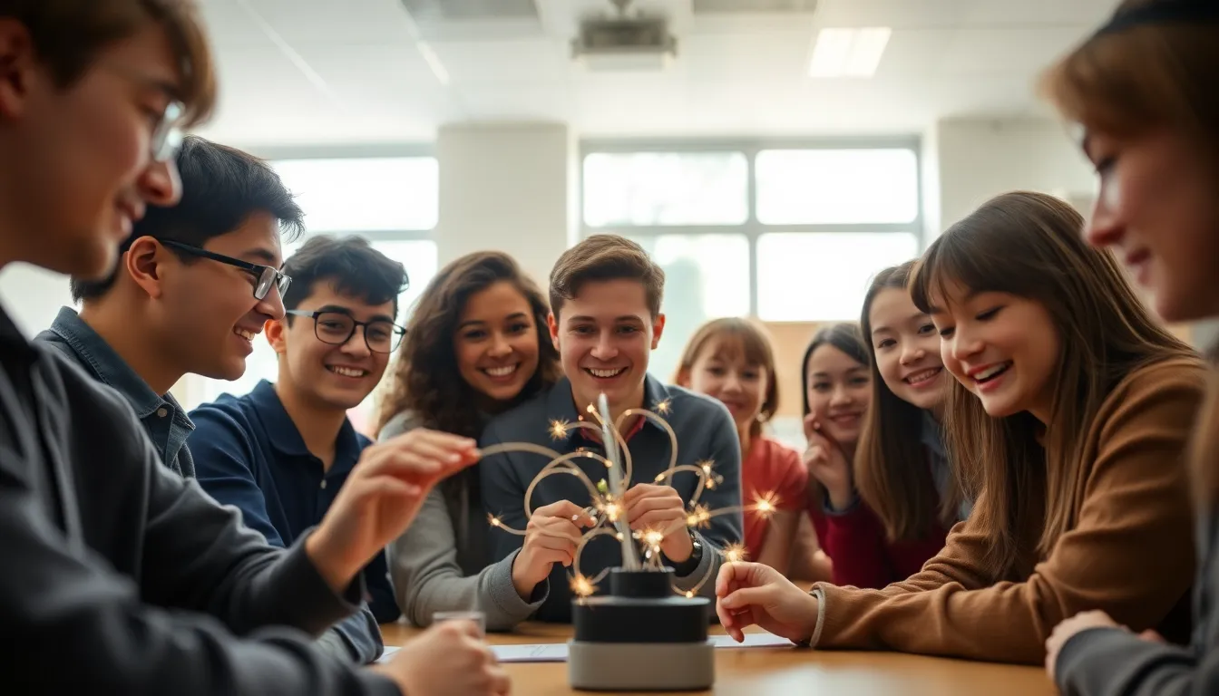 Witness the excitement of learning as students actively engage in a demonstration of electromagnetism in a vibrant classroom setting. Soft lighting and natural sunlight create a welcoming atmosphere that amplifies the spirit of collaboration. The focused expressions of the students capture the thrill of discovery, while the blurred background enhances the viewer's connection to the group's interaction. Warm muted tones dominate the image, fostering an environment of creativity and intellectual curiosity.
