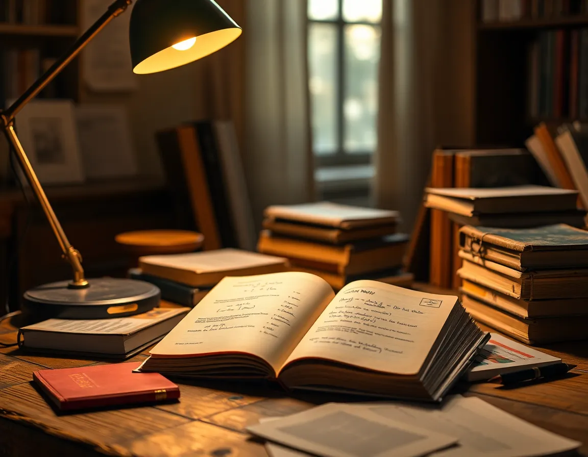 Cozy Home Study with Physics Textbooks A cozy home study area illuminated by warm tungsten lighting, showcasing an inviting workspace filled with physics textbooks and open notebooks. The scene highlights a well-used wooden desk, adding character and warmth, while an open book displaying equations draws the viewer's eye. The soft bokeh in the background enhances the narrative of a dedicated physicist's creative space, inviting a sense of exploration and curiosity.