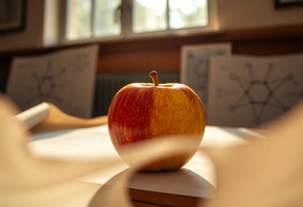 Fresh Apple Surrounded by Atomic Diagrams An artistic representation of a fresh apple resting on a wooden table, juxtaposed with scientific diagrams of atomic structures. Soft, natural light brings out the rich texture of the apple, creating an inviting and thought-provoking scene. The shallow depth of field isolates the apple while allowing the viewer to appreciate the intricate details of both the fruit and the diagrams, embodying the fusion of nature and science creativity.