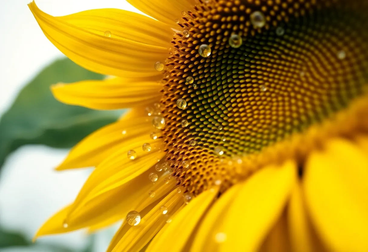 Dewy Sunflower Head After Rain This stunning macro photograph reveals the intricate details of a sunflower head adorned with fresh water droplets after a rain shower. Soft, diffused daylight creates an atmospheric softness with rich greens and yellows, highlighting the flower's natural beauty. Capturing sharp textures with a hyperfocal approach, the photograph draws the viewer's eye to the delicate interplay of water and petals. The slight angle in composition adds a dynamic feel to this serene moment in nature.
