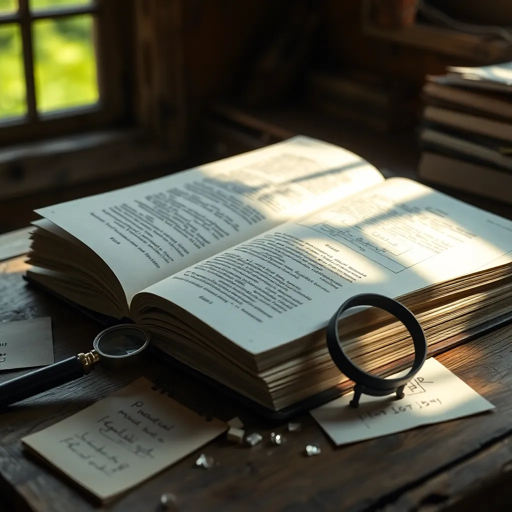 This close-up image presents a beautifully arranged scene of an open physics textbook on a rustic wooden desk, surrounded by notes and a vintage magnifying glass. The soft, natural light highlights the texture of the pages and the intricate diagrams, inviting the viewer to delve into the world of physics. The muted color tones add to the academic yet warm vibe of the setting, making it perfect for educational content.