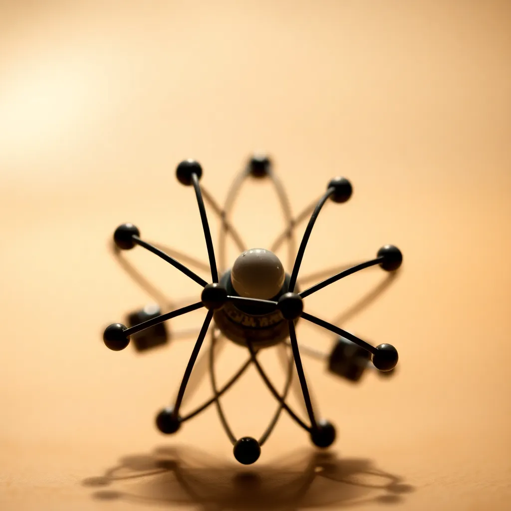 Atomic Structure Physics Model in Studio Featuring a meticulously crafted atomic structure model, this image showcases the intricate details of physics in a controlled studio environment. The three-point lighting highlights the textures and colors of the model while maintaining a soft bokeh background that isolates the subject. The muted tones contribute to the professionalism and precision of the scientific theme, making it ideal for educational materials.