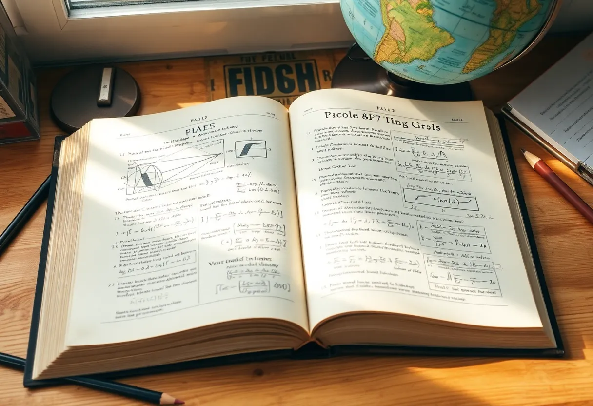 Vintage Physics Textbook with Formulas This detailed image showcases a vintage physics textbook opened to a page rich with diagrams and formulas. Soft daylight from a window bathes the pages, accentuating the texture of the aged paper. The composition, captured from above, features the textbook framed by scattered pencils and an antique globe, evoking a sense of nostalgia for the art of learning and discovery in the field of physics.