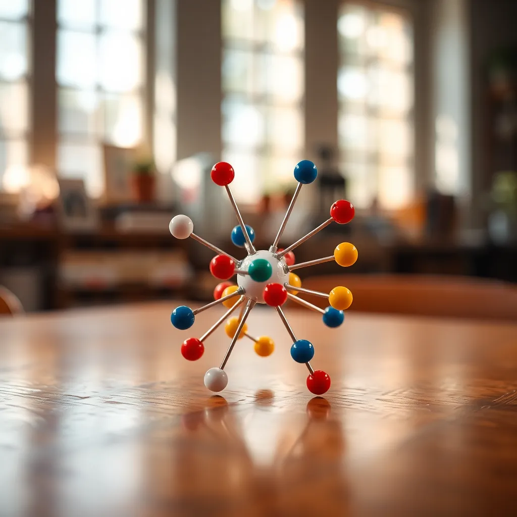 Atomic Model on Wooden Table This close-up photograph beautifully showcases an atomic model made of colorful spheres and sticks, set on a polished wooden table. The soft, natural lighting highlights the vibrant colors of the model while providing a warm ambiance to the scene. A shallow depth of field ensures the intricate details of the atomic structure capture the viewer's attention, while the warm wood tones provide a contrasting backdrop. This image reflects the intersection of creativity and scientific modeling in an engaging way.