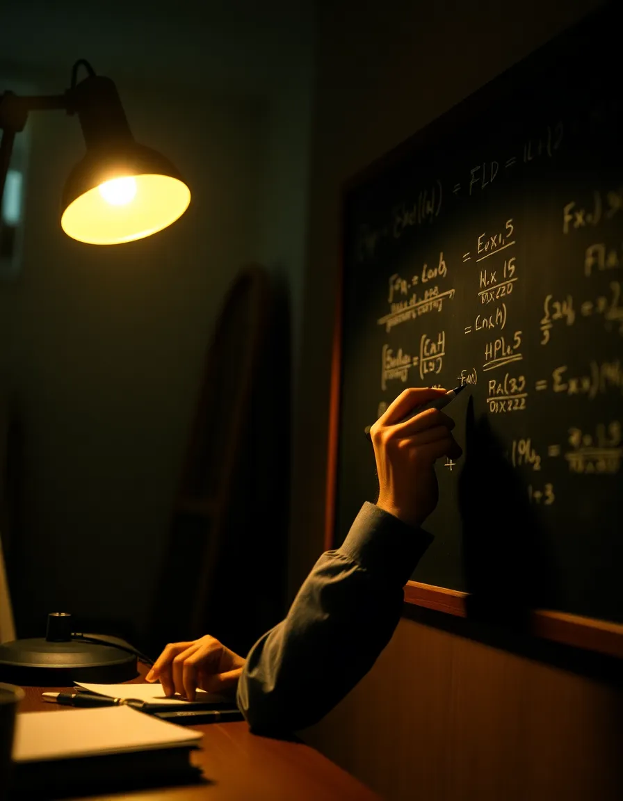 This intimate close-up captures a physicist deep in thought as they write complex equations on a chalkboard. The warm light from the desk lamp creates a cozy atmosphere that enhances the scholarly environment. The focus on the chalkboard highlights the intricate details of their work while drawing viewers into the moment of discovery. Ideal for showcasing academic life in physics.