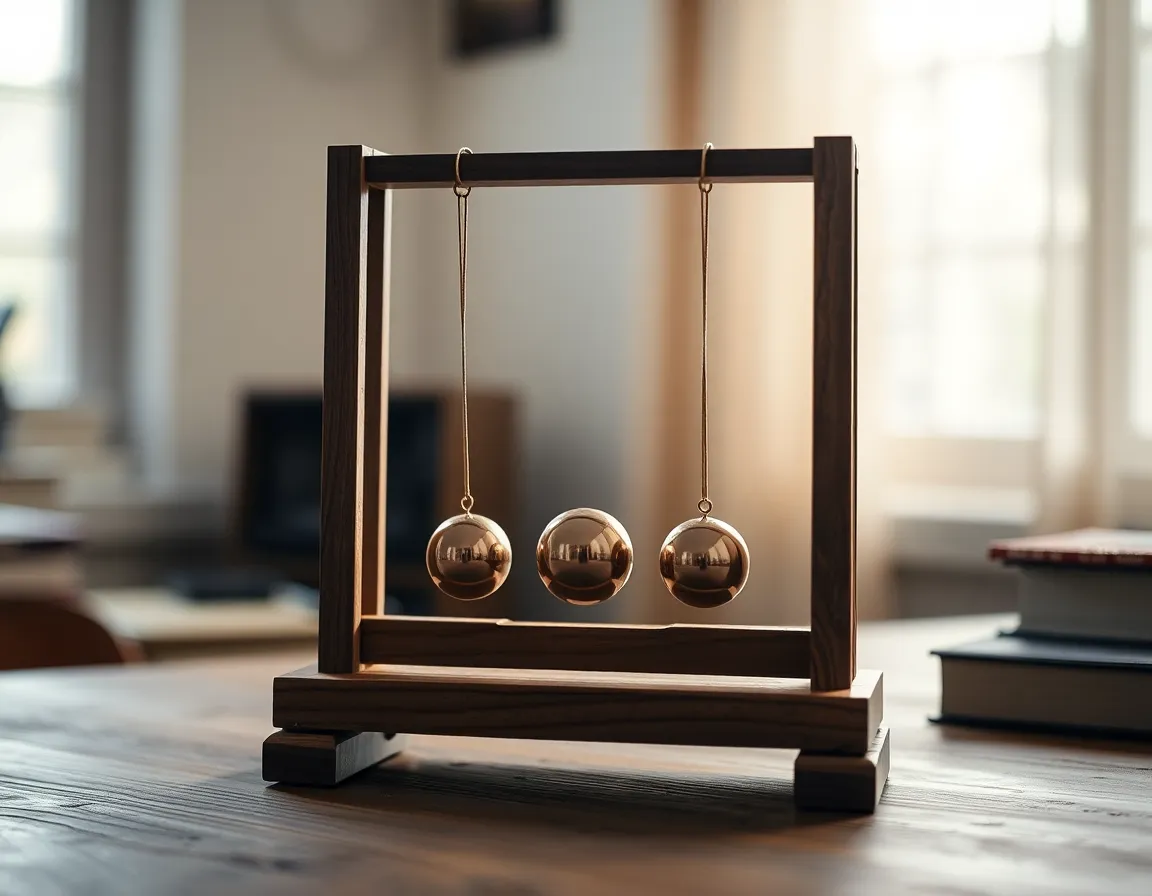 Newton's cradle, a classic physics demonstration, captures the viewer's attention as the metallic balls swing mid-air against a warm wooden backdrop. Soft natural light enhances the textures of the materials, creating a cozy yet intellectually stimulating atmosphere. The shallow depth of field adds a touch of elegance, drawing focus to the cradle. This image encapsulates the beauty of physics in motion and the simple elegance of a timeless scientific tool.