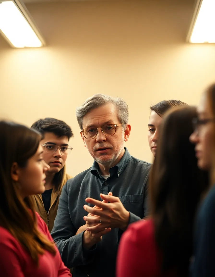 An engaging portrait of a physicist passionately explaining principles of physics to attentive students in a classroom setting. The warm lighting accentuates the natural skin tones and creates a welcoming atmosphere. The detailed textures of the clothing and the varied expressions of the students enhance the educational theme. This image is ideal for educational publications and science workshops.